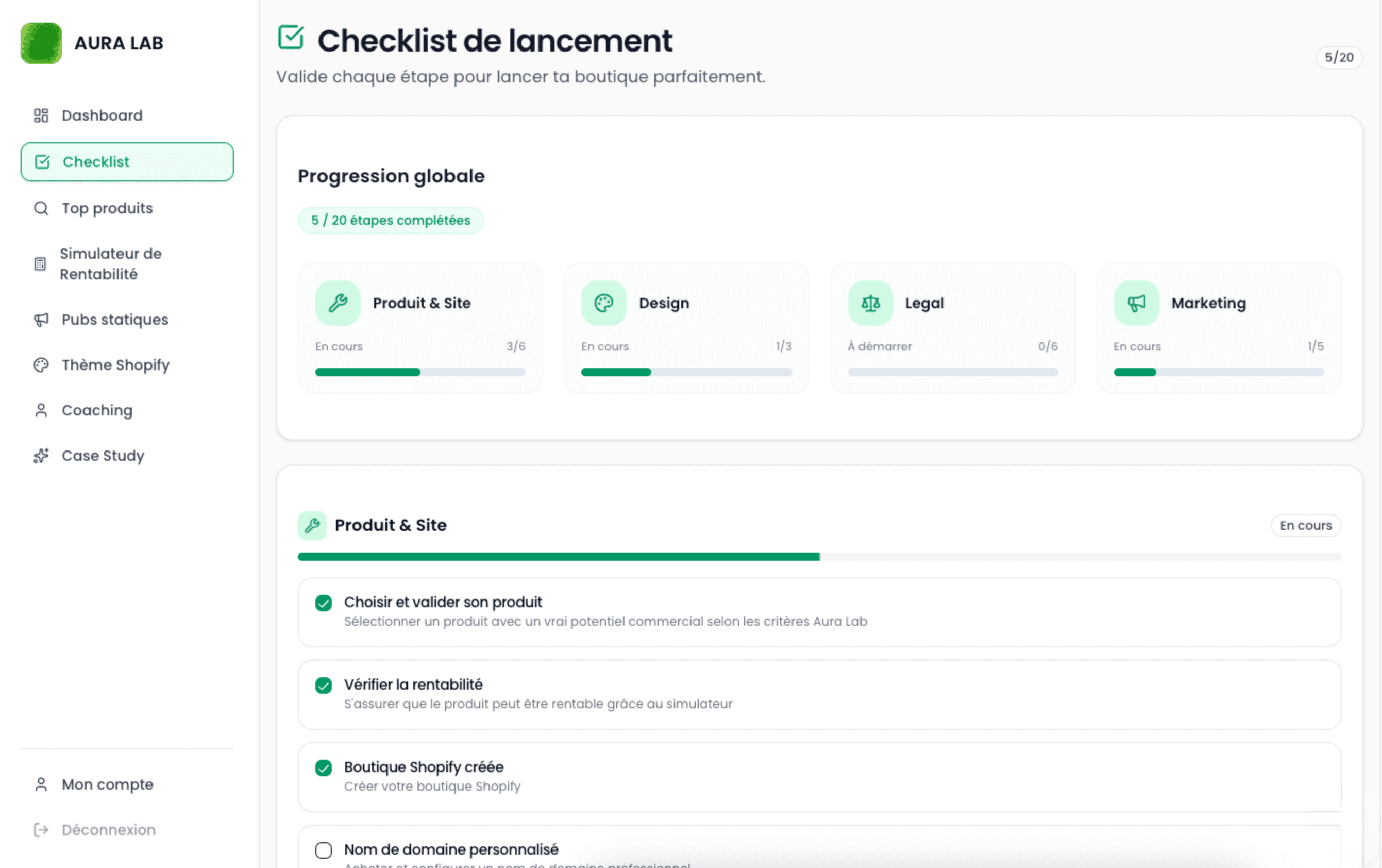 Checklist de lancement Aura Lab